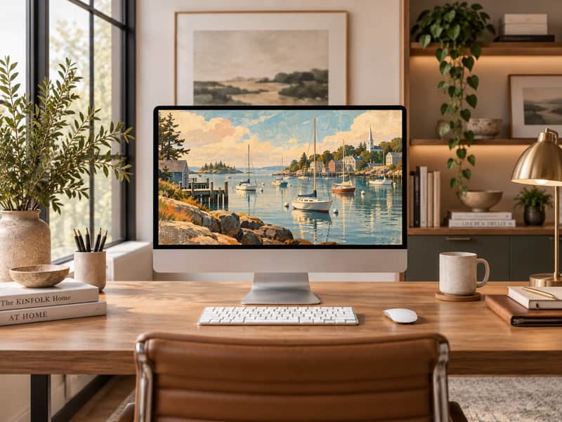 Sailboat Harbor wallpaper shown on a desktop computer screen