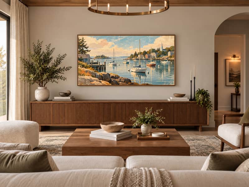 Sailboat Harbor wallpaper shown as art on a Samsung Frame TV
