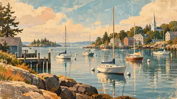 Sailboat Harbor 4K wallpaper, mid-century travel poster style