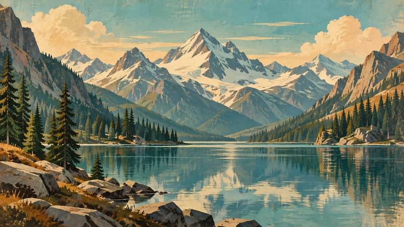 Alpine Mountain Lake 4K wallpaper, mid-century travel poster style, for Frame TV and desktop