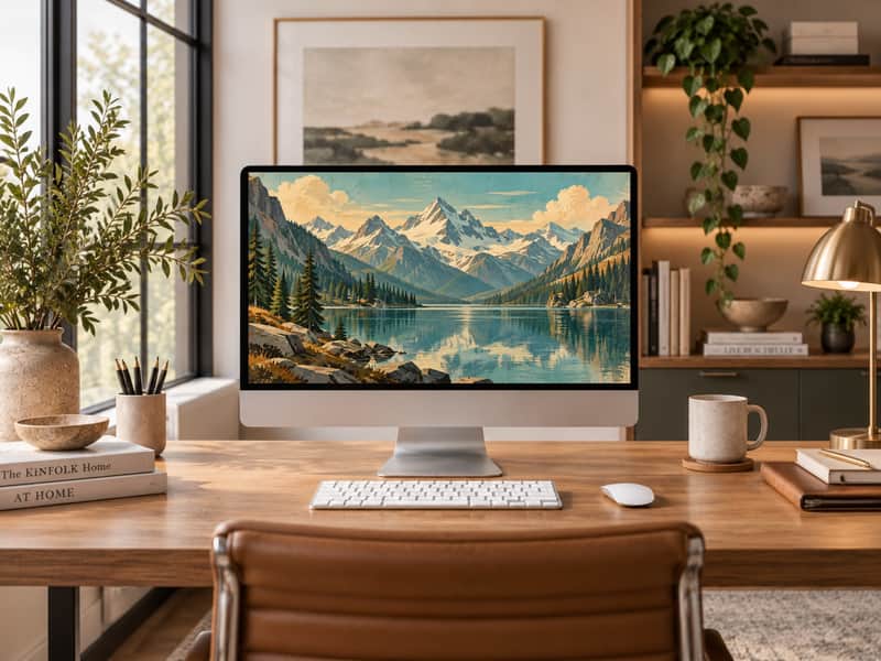 Alpine Mountain Lake wallpaper shown on a desktop computer screen