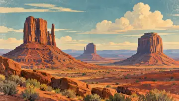 Monument Valley Buttes 4K wallpaper, mid-century travel poster style