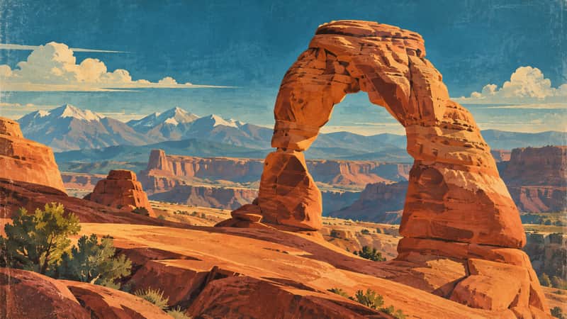 Red Rock Arch 4K wallpaper, mid-century travel poster style, for Frame TV and desktop