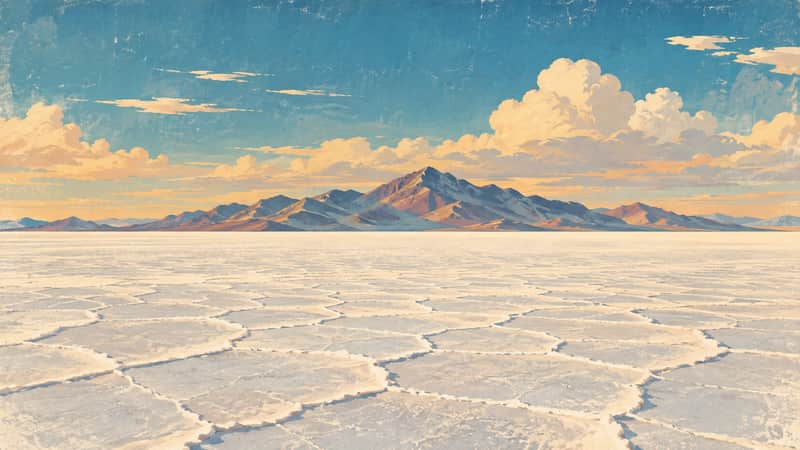 Salt Flats Horizon 4K wallpaper, mid-century travel poster style, for Frame TV and desktop
