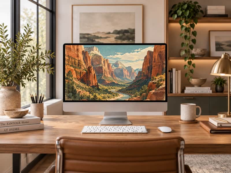 Zion Canyon Cliffs wallpaper shown on a desktop computer screen
