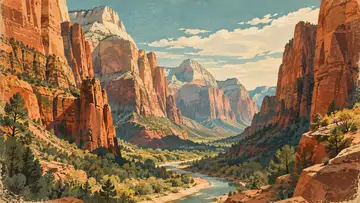 Zion Canyon Cliffs 4K wallpaper, mid-century travel poster style