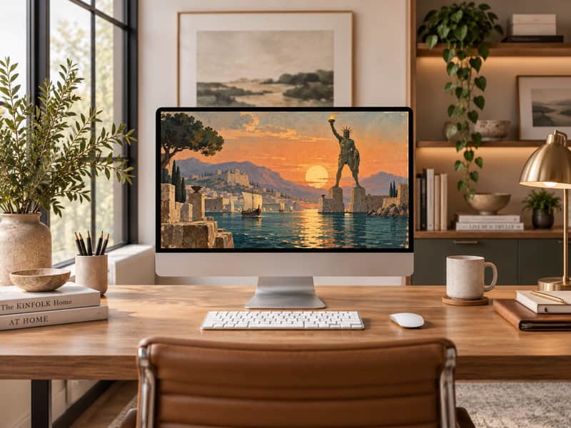 Colossus of Rhodes wallpaper shown on a desktop computer screen