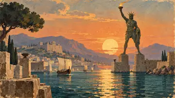Colossus of Rhodes 4K wallpaper, mid-century travel poster style
