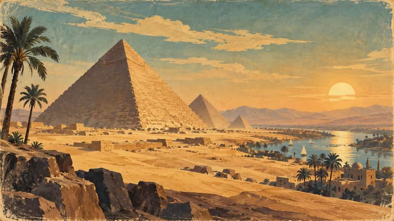 Great Pyramid of Giza, Egypt 4K wallpaper, mid-century travel poster style, for Frame TV and desktop