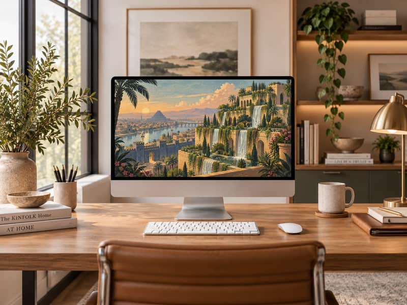 Hanging Gardens of Babylon wallpaper shown on a desktop computer screen