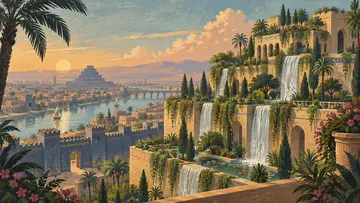 Hanging Gardens of Babylon 4K wallpaper, mid-century travel poster style