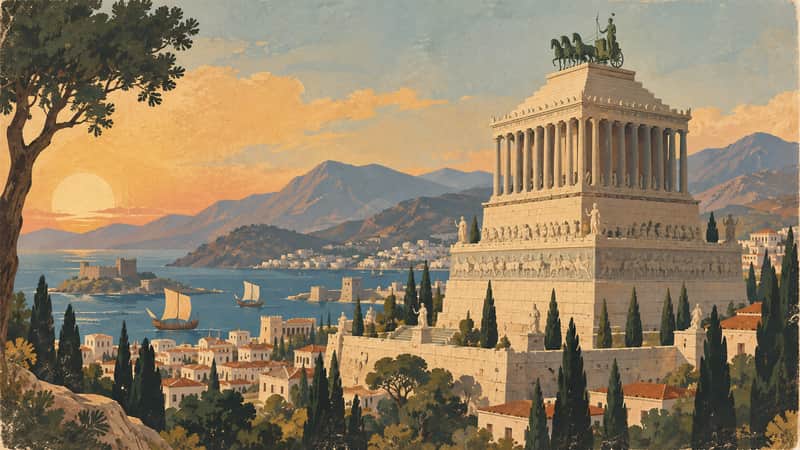 Mausoleum at Halicarnassus 4K wallpaper, mid-century travel poster style, for Frame TV and desktop