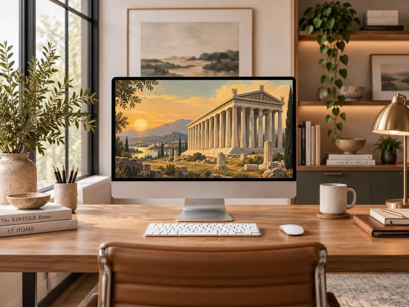 Statue of Zeus at Olympia wallpaper shown on a desktop computer screen