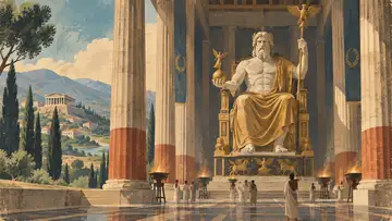 Statue of Zeus at Olympia 4K wallpaper, mid-century travel poster style