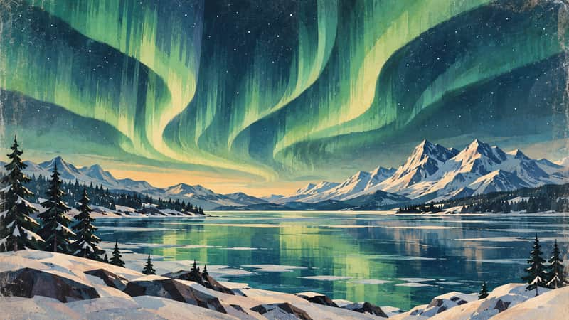 Aurora Borealis 4K wallpaper, mid-century travel poster style, for Frame TV and desktop