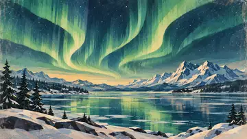 Aurora Borealis 4K wallpaper, mid-century travel poster style