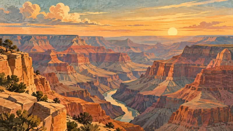 Grand Canyon, USA 4K wallpaper, mid-century travel poster style, for Frame TV and desktop