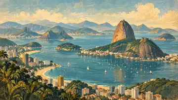 Guanabara Bay, Rio de Janeiro 4K wallpaper, mid-century travel poster style