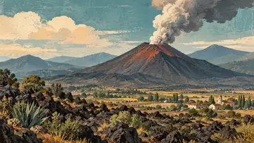 Parícutin Volcano, Mexico 4K wallpaper, mid-century travel poster style