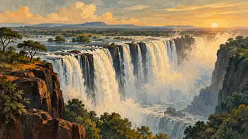 Victoria Falls, Zambia/Zimbabwe 4K wallpaper, mid-century travel poster style