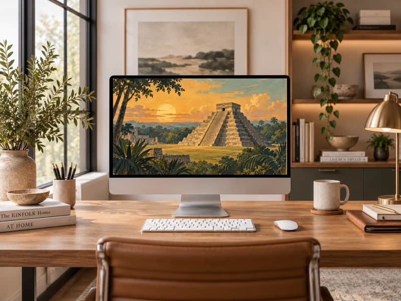 Chichen Itza, Mexico wallpaper shown on a desktop computer screen