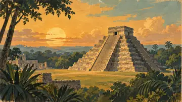 Chichen Itza, Mexico 4K wallpaper, mid-century travel poster style