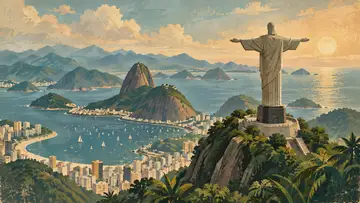 Christ the Redeemer, Brazil 4K wallpaper, mid-century travel poster style