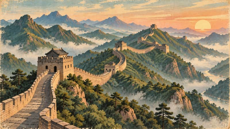 Great Wall of China 4K wallpaper, mid-century travel poster style, for Frame TV and desktop