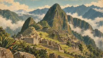 Machu Picchu, Peru 4K wallpaper, mid-century travel poster style