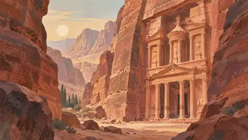 Petra, Jordan 4K wallpaper, mid-century travel poster style