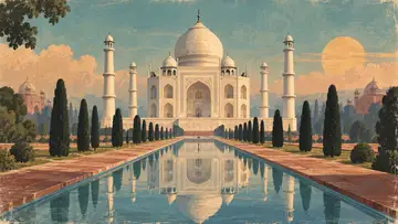 Taj Mahal, India 4K wallpaper, mid-century travel poster style