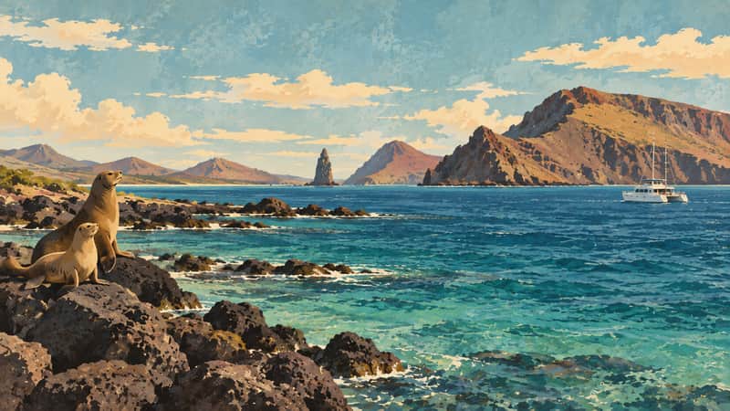 Galapagos Islands, Puerto Ayora, Ecuador 4K wallpaper, mid-century travel poster style, for Frame TV and desktop