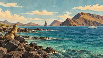 Galapagos Islands, Puerto Ayora, Ecuador 4K wallpaper, mid-century travel poster style