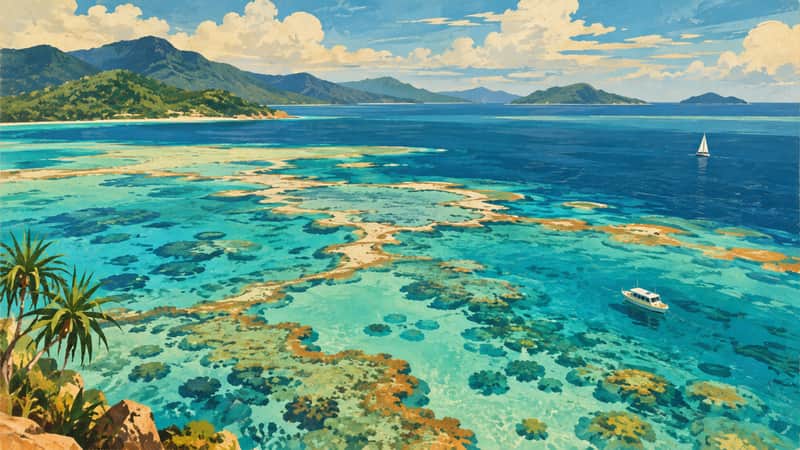 Great Barrier Reef, Queensland, Australia 4K wallpaper, mid-century travel poster style, for Frame TV and desktop