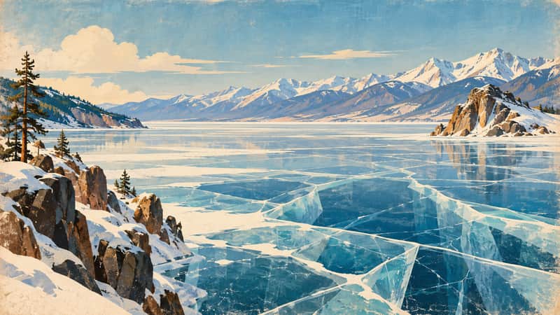 Lake Baikal, Irkutsk, Russia 4K wallpaper, mid-century travel poster style, for Frame TV and desktop