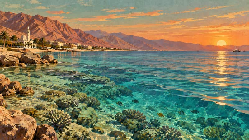 Northern Red Sea, Aqaba, Jordan 4K wallpaper, mid-century travel poster style, for Frame TV and desktop