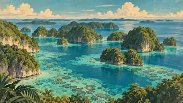 Palau Reefs, Palau, Pacific Ocean 4K wallpaper, mid-century travel poster style